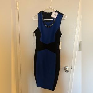 Black and blue work wear dress with optional attached necklace